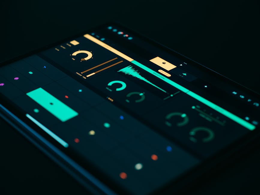Close-up of a tablet screen displaying a sound visualizer with modern UI elements.